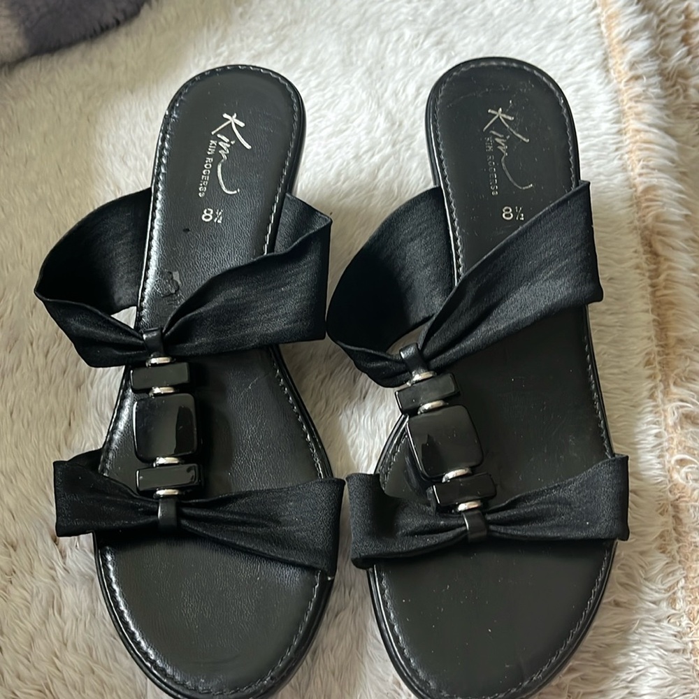Ladies black slip on wedges, size 8 1/2, black fabric cloth straps w deco!